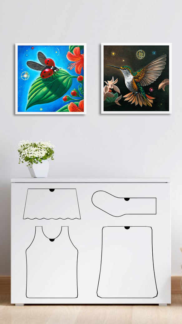 Ladybug, humming bird oil painting, wall art canvas print, poster, and framed art, home decor, kid's room