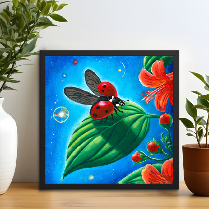Ladybug oil painting, wall art canvas print, poster, and framed art, home decor, kid's room
