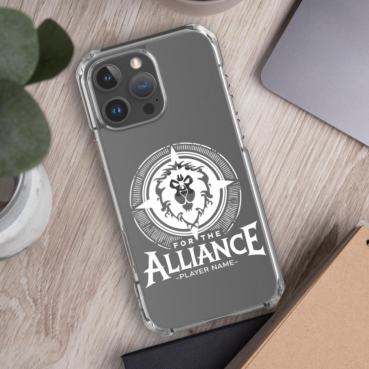 World of Warcraft personalized iPhone 16 case, custom gaming phone case for WoW fans, designed for iPhone 16, 15, and 14 with Horde and Alliance.