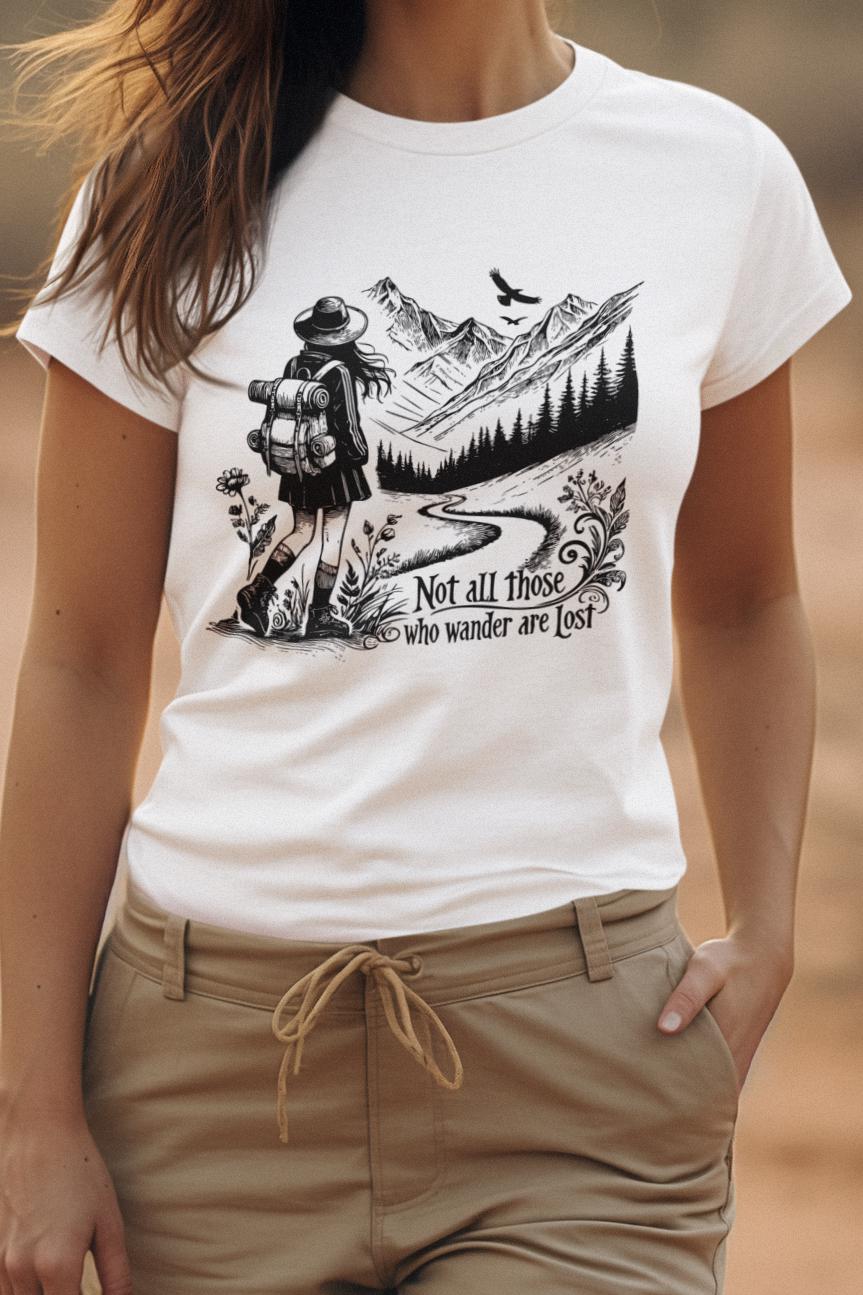 This "Not All Who Wander Are Lost" shirt is the ideal adventure quote tee, a perfect gift for travelers and campers with a love for exploration.