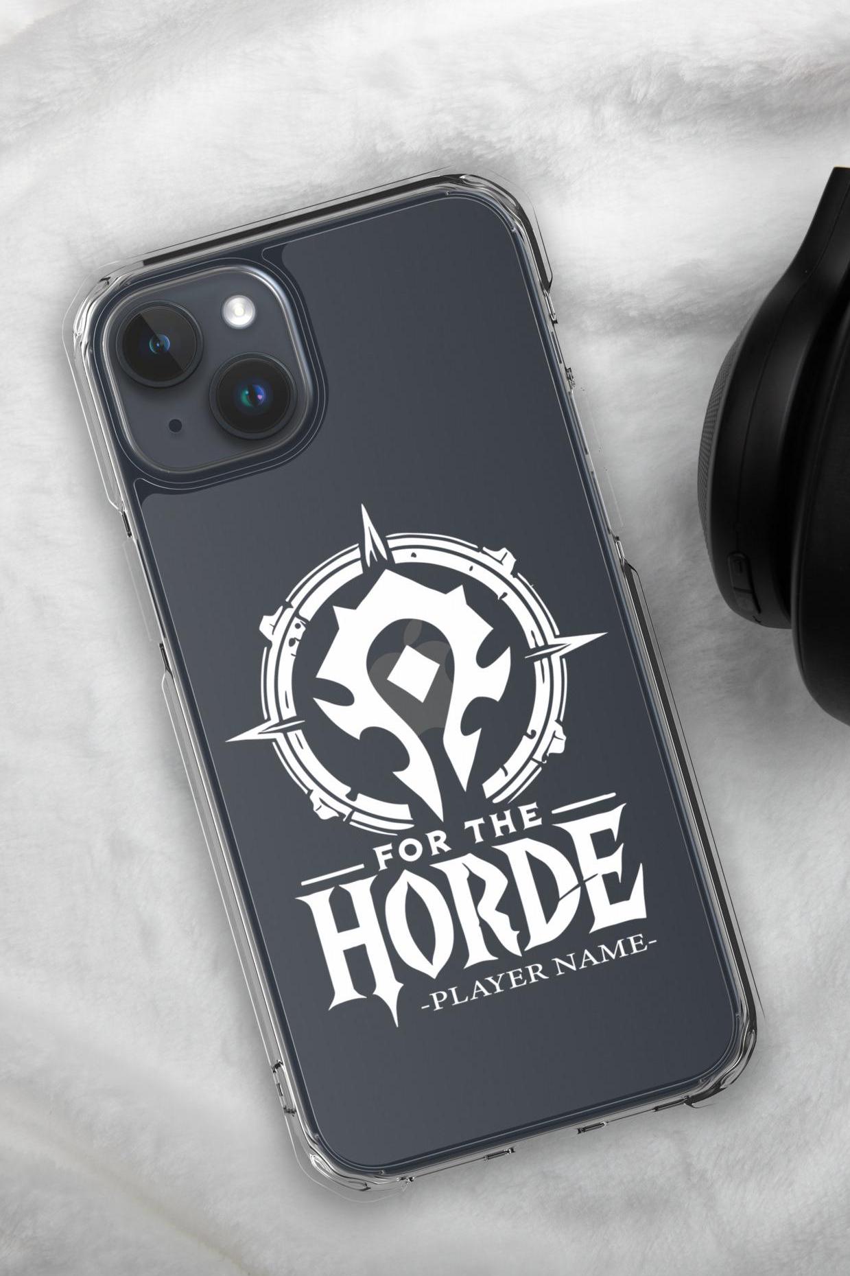 Custom iPhone case featuring World of Warcraft's Horde and Alliance, personalized with your name, available for iPhone 16, 15, and 14.