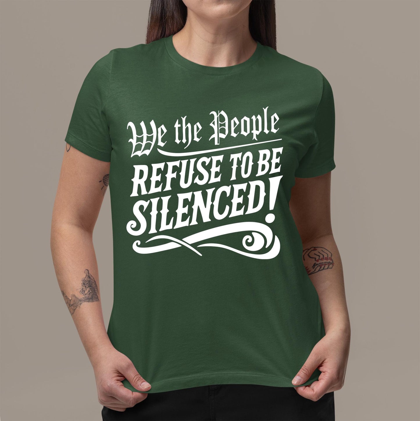 Freedom of speech t-shirt with powerful We The People Refuse to Be Silenced message, perfect for democratic activism and American pride events.