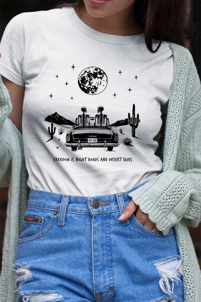Boho Country Road Trip Gift Shirt with Skeleton Desert Skies Design