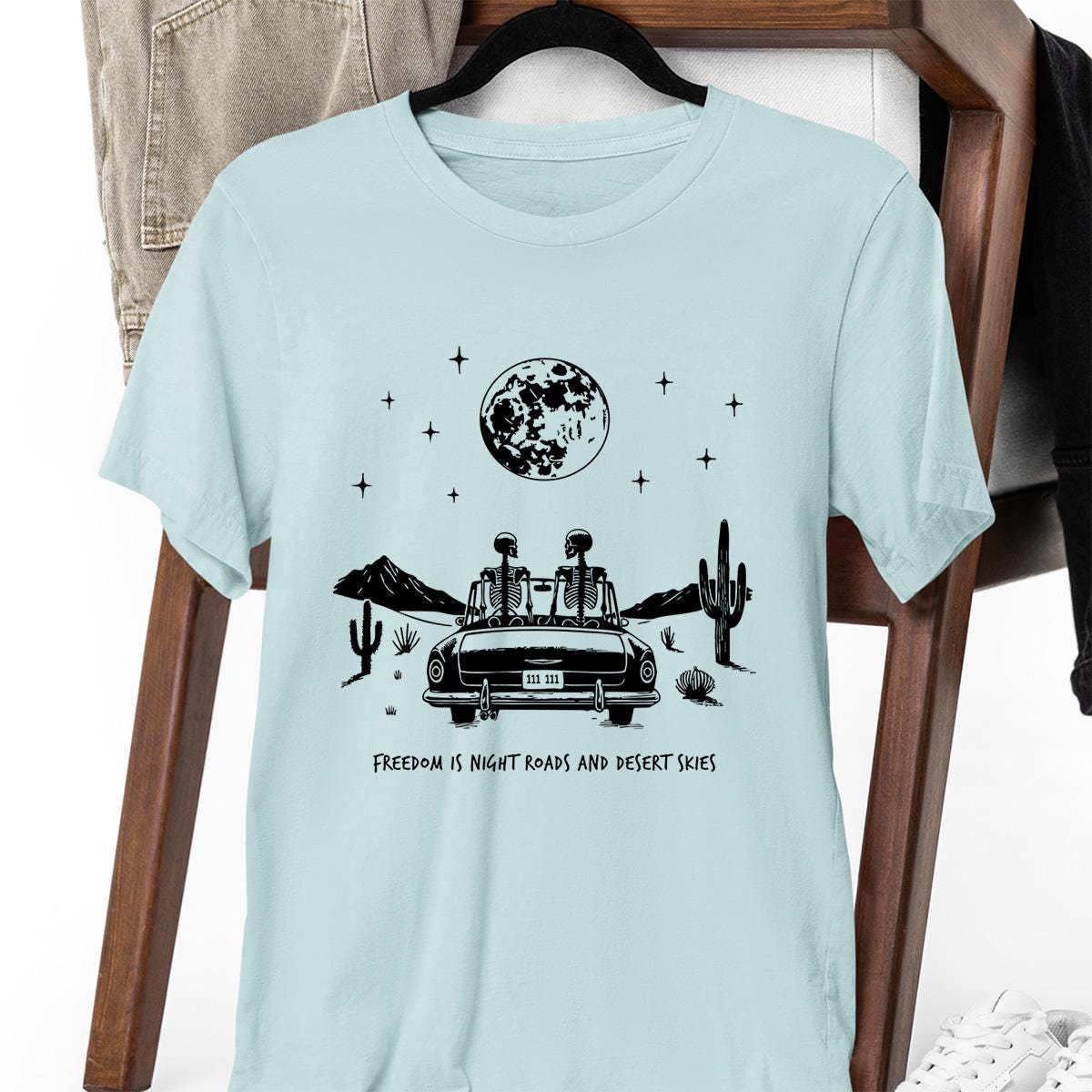 Freedom Is Night Roads & Desert Skies Skeleton Shirt, Western Gothic Graphic Tee, Boho Country Road Trip Gift Emo Alt Goth Cowboy Apparel