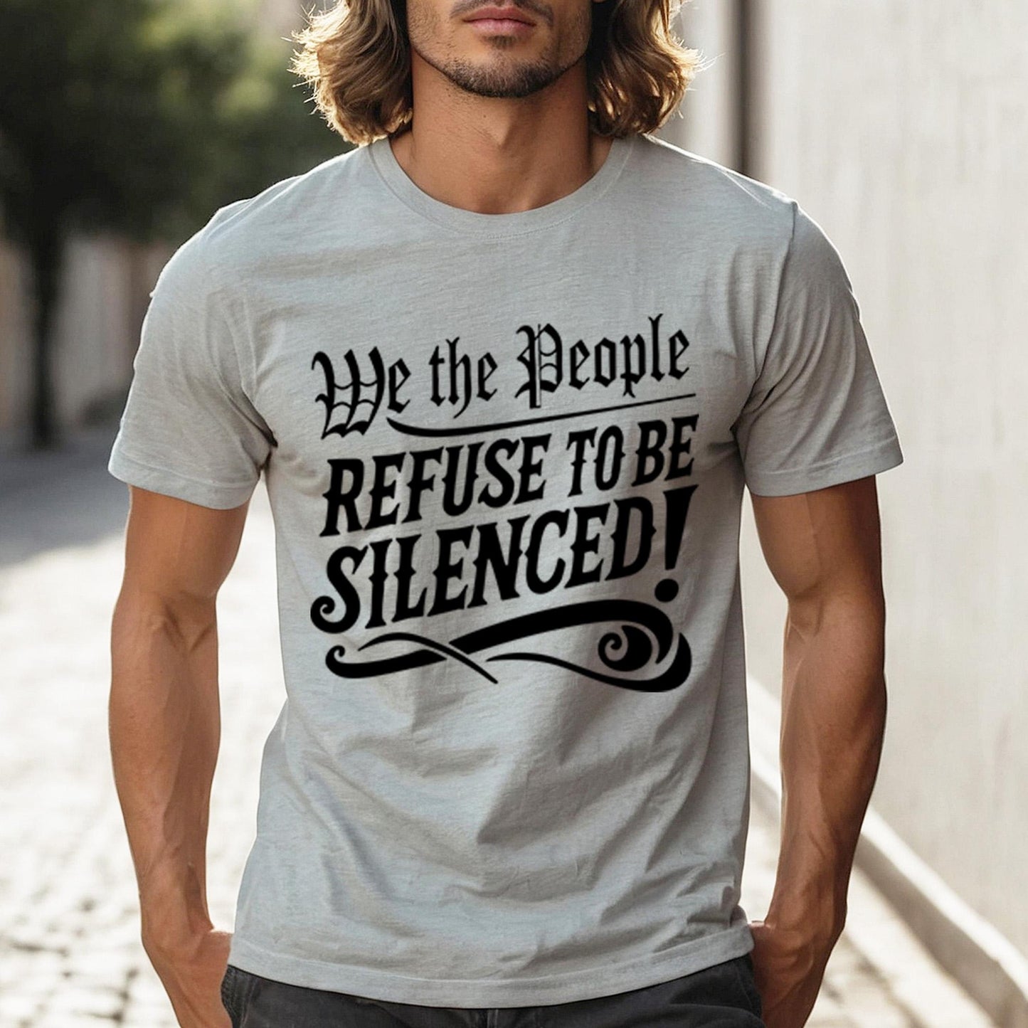 Patriotic resist protest tee featuring We The People Refuse to Be Silenced slogan, ideal democracy shirt for those supporting free speech and justice.