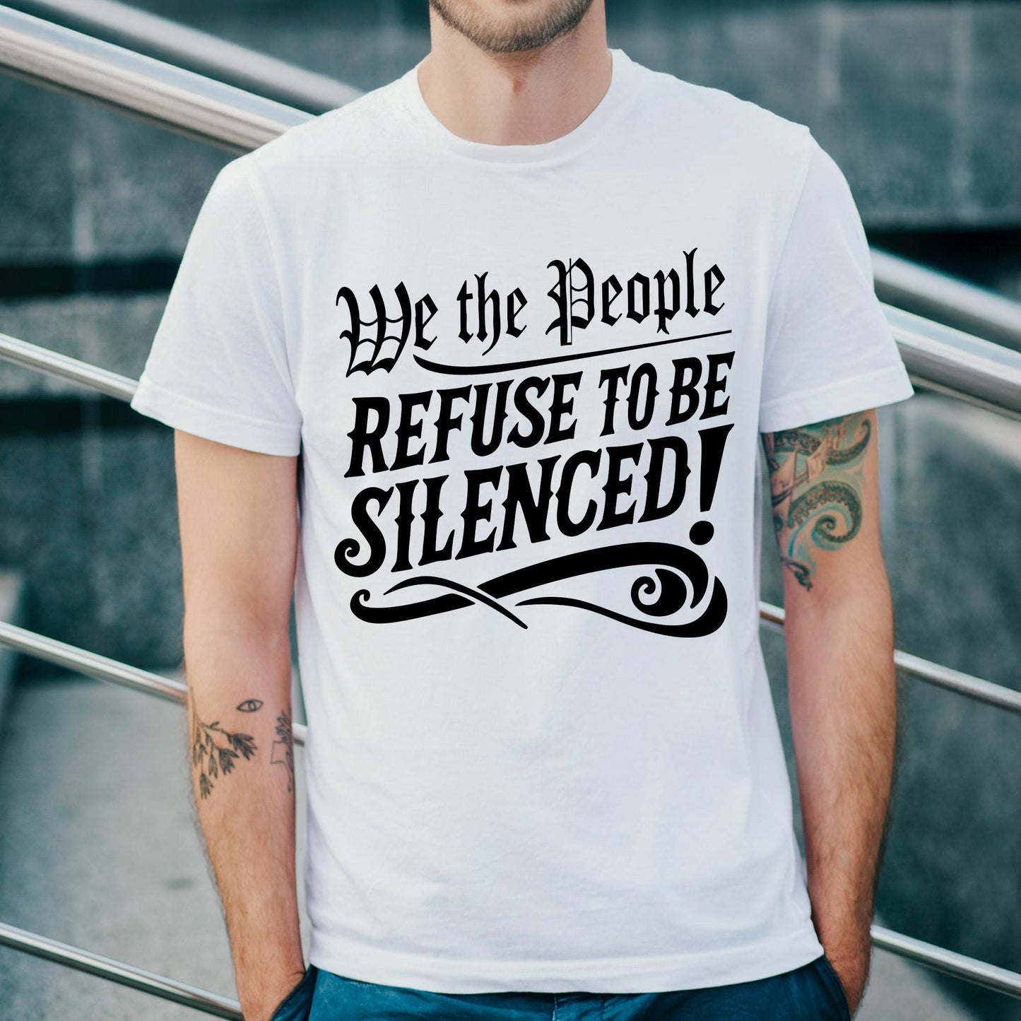 Democracy-themed resist protest tee with We The People Refuse to Be Silenced design, USA freedom equality shirt for political expression and rallies.