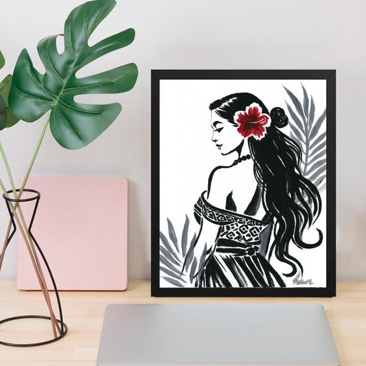 Minimalist modern boho art print of a Pacific Islander woman hula dancing, inspired by tropical island Hawaii and AAPI cultural heritage.