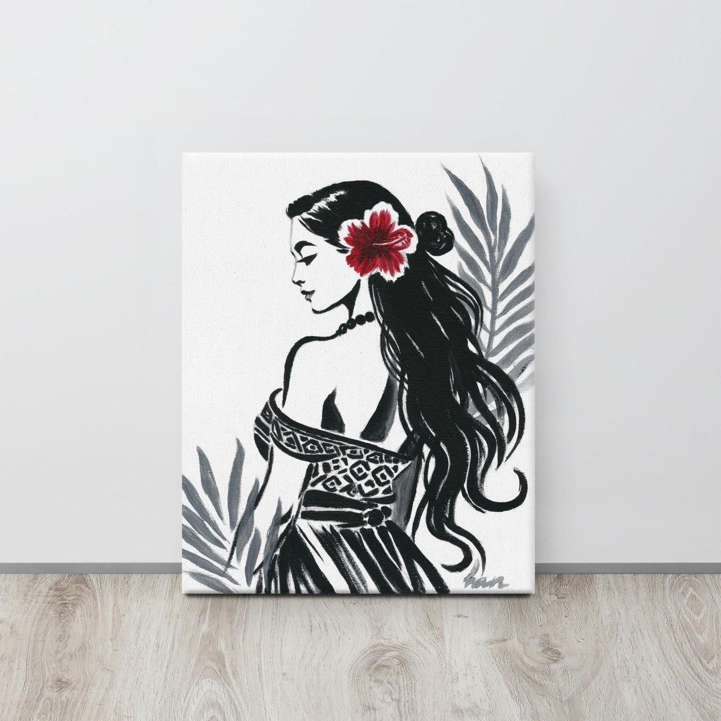 Tropical island Hawaii art print showcasing an AAPI Polynesian girl in hula dancer pose, acrylic painting with minimalist modern style.