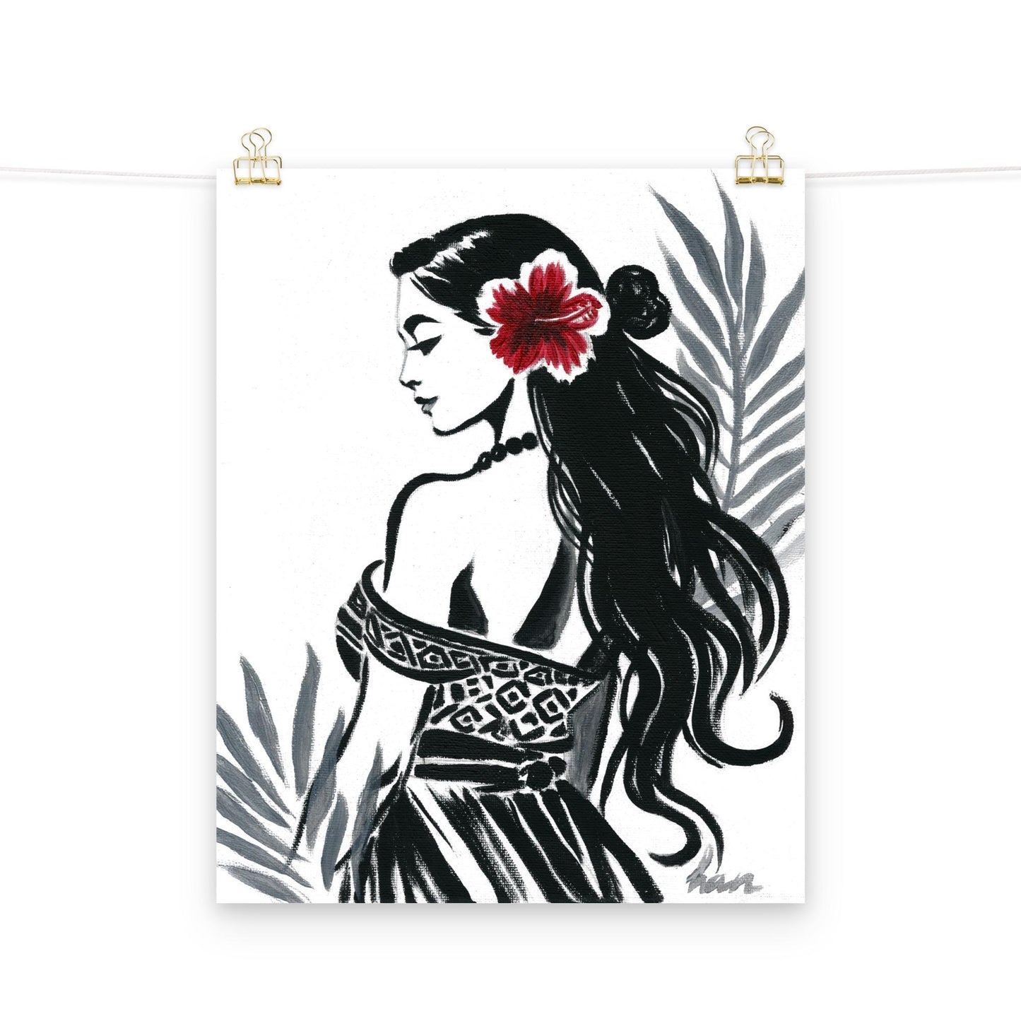 AAPI Polynesian girl acrylic artwork, showcasing tropical island beauty in a minimalist modern boho art print of a hula dancer from Hawaii.
