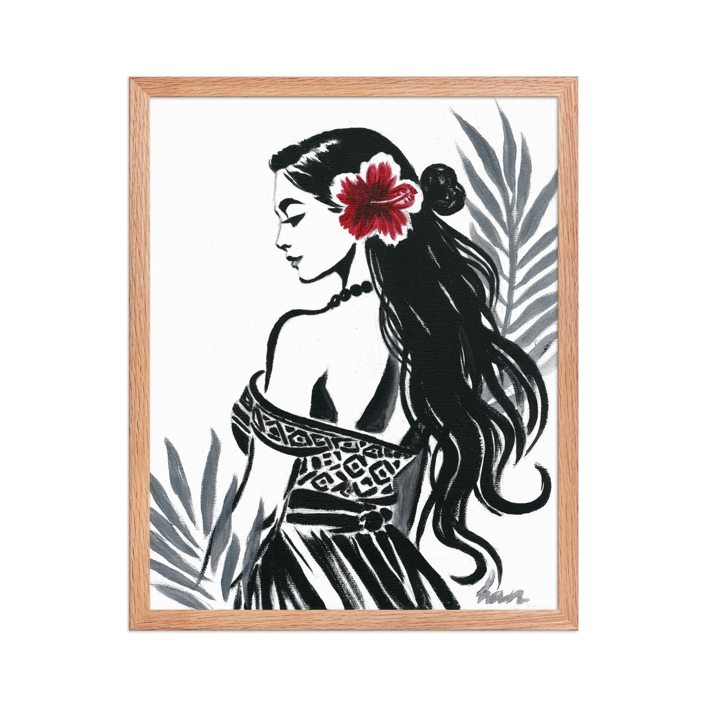 Modern boho wall art print of an AAPI Polynesian girl hula dancer, acrylic painting inspired by Pacific Islander tropical Hawaii themes.
