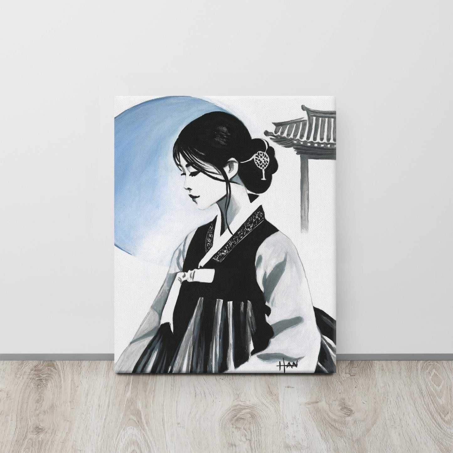 Korean hanbok acrylic painting print of a traditional Asian woman, perfect for Korea Seoul art collections, modern home decor, and minimalist wall styling.