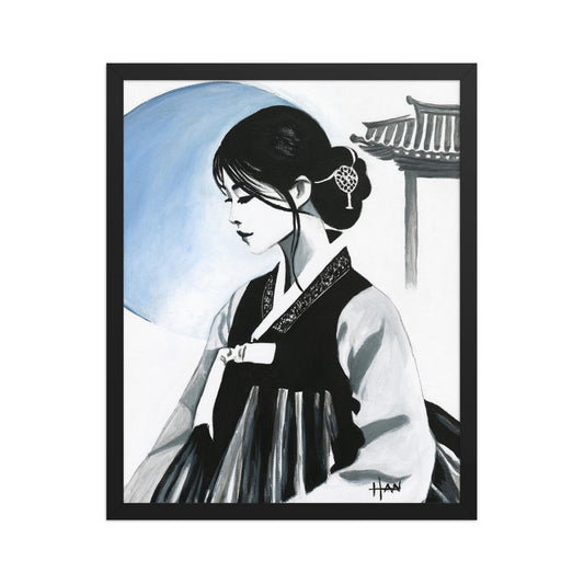 Traditional Asian woman wall art print with hanbok attire, modern minimalist Korean culture decor inspired by Korea Seoul art and acrylic painting techniques.