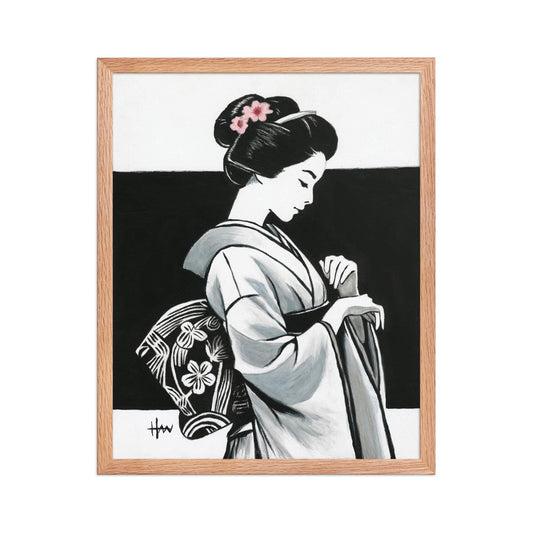 Acrylic painting of Japanese geisha in traditional kimono, minimalist modern Asian wall art for elegant home decor with zen and cultural influence.