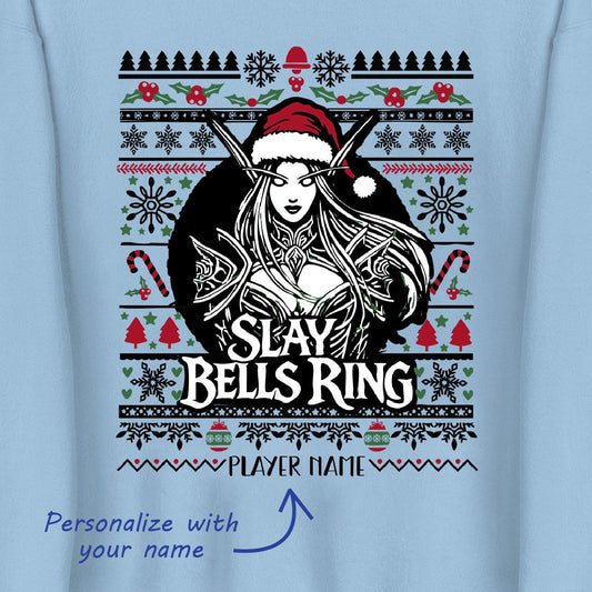 World of Warcraft Christmas Sweater – Cozy ugly sweater featuring Slay Bells Ring design, perfect for WoW fans during holiday raids.