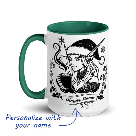 Personalize Powered by Hot Cocoa Gamer Girl Coffee Mug, World of Warcraft Gamer Girl Mug WoW D&D MTG Christmas Gamer Gift Holiday Gaming Cup