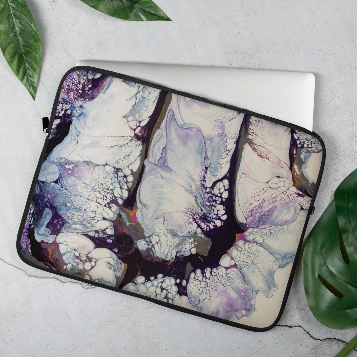 15" lightweight sleeve featuring our exclusive abstract acrylic pour design.