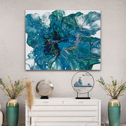 abstract acrylic pour floral canvas painting. Horizontally displayed in a living room.