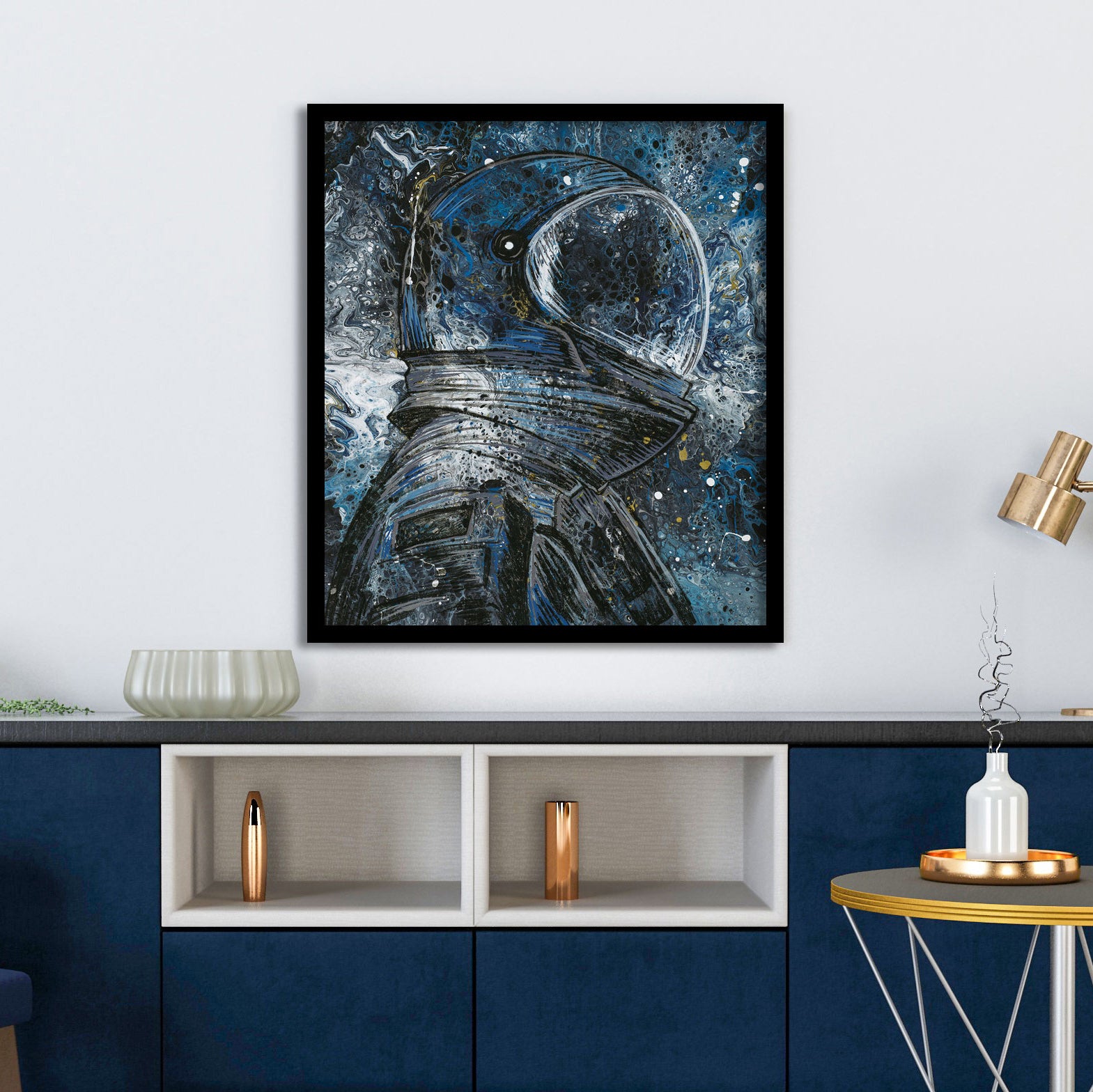 Space Astronaut Acrylic Painting Print Museum-quality materials. Lifestyle reference of painting hanging in family room or living room.