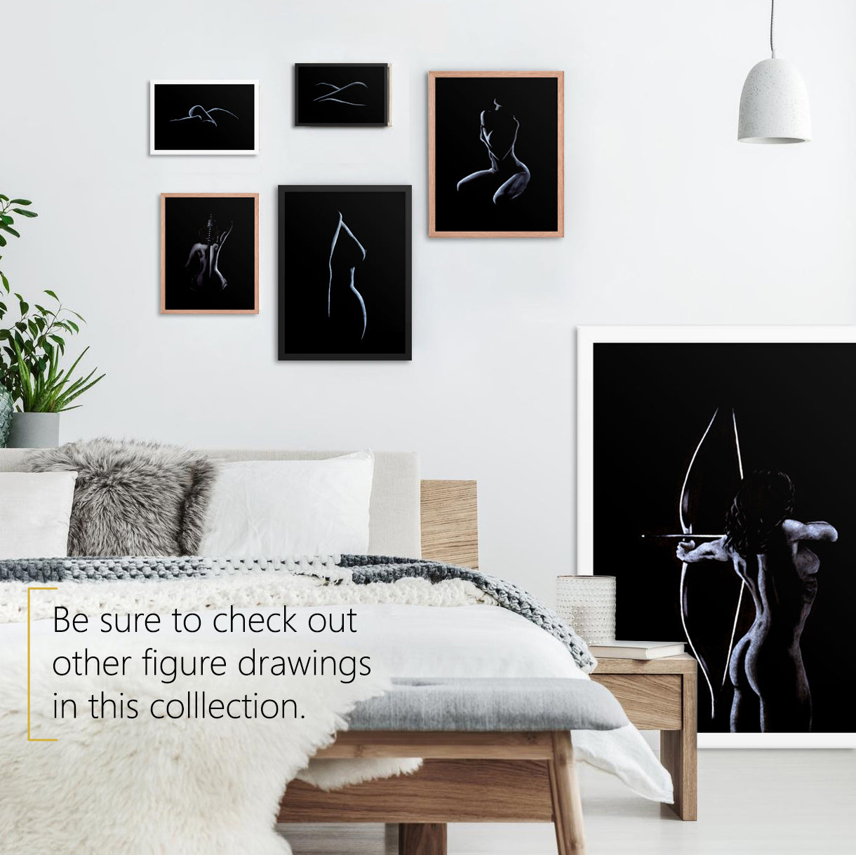 Six different artworks of Pastel Figure Hand-drawn Museum-quality Wall Art displayed in various sizes and frame colors in an elegant bedroom. Check out the other artwork from our collection.