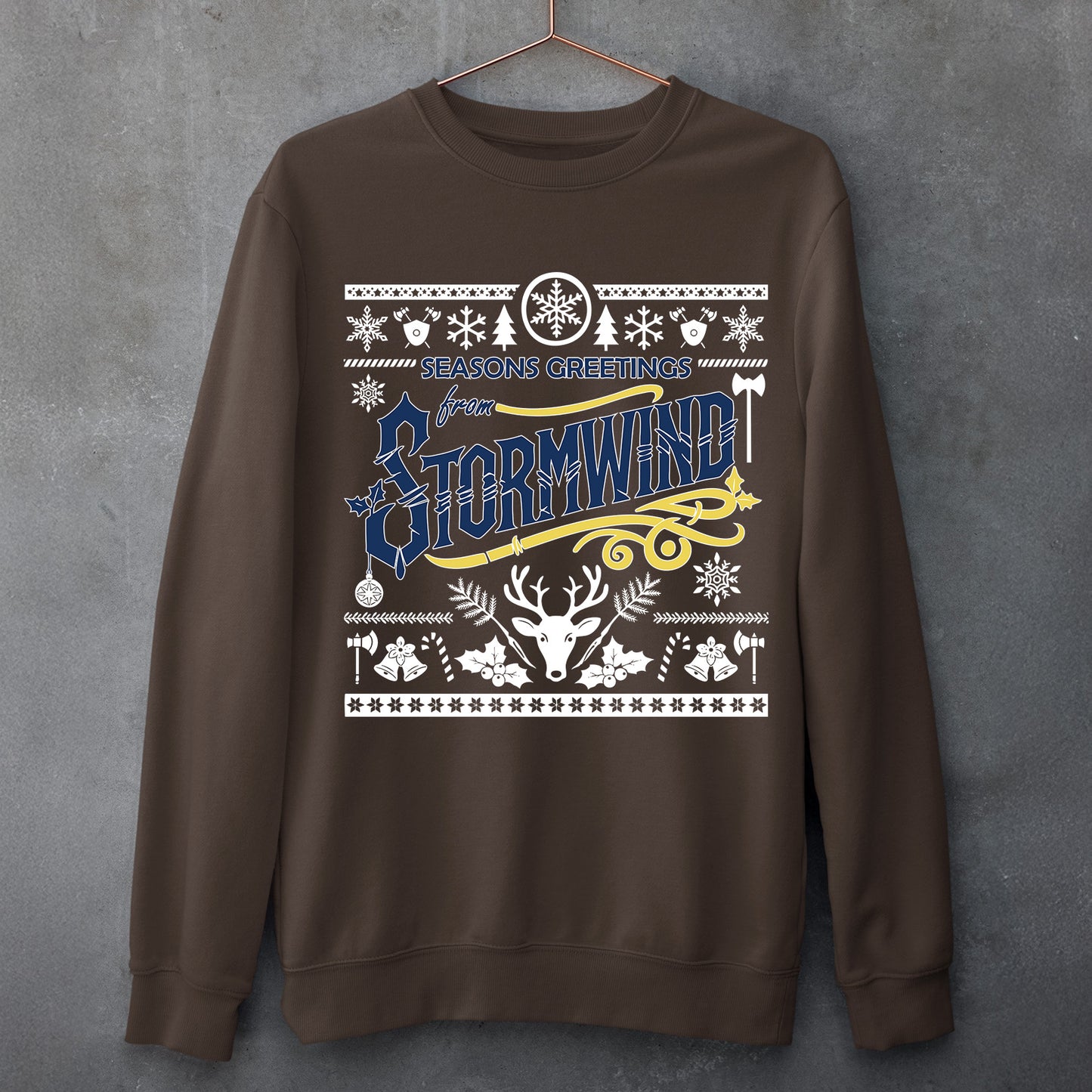 "Seasons Greetings from Stormwind" Alliance Ugly Christmas Sweater, World of Warcraft Gamer Holiday Sweatshirt (Personalize)