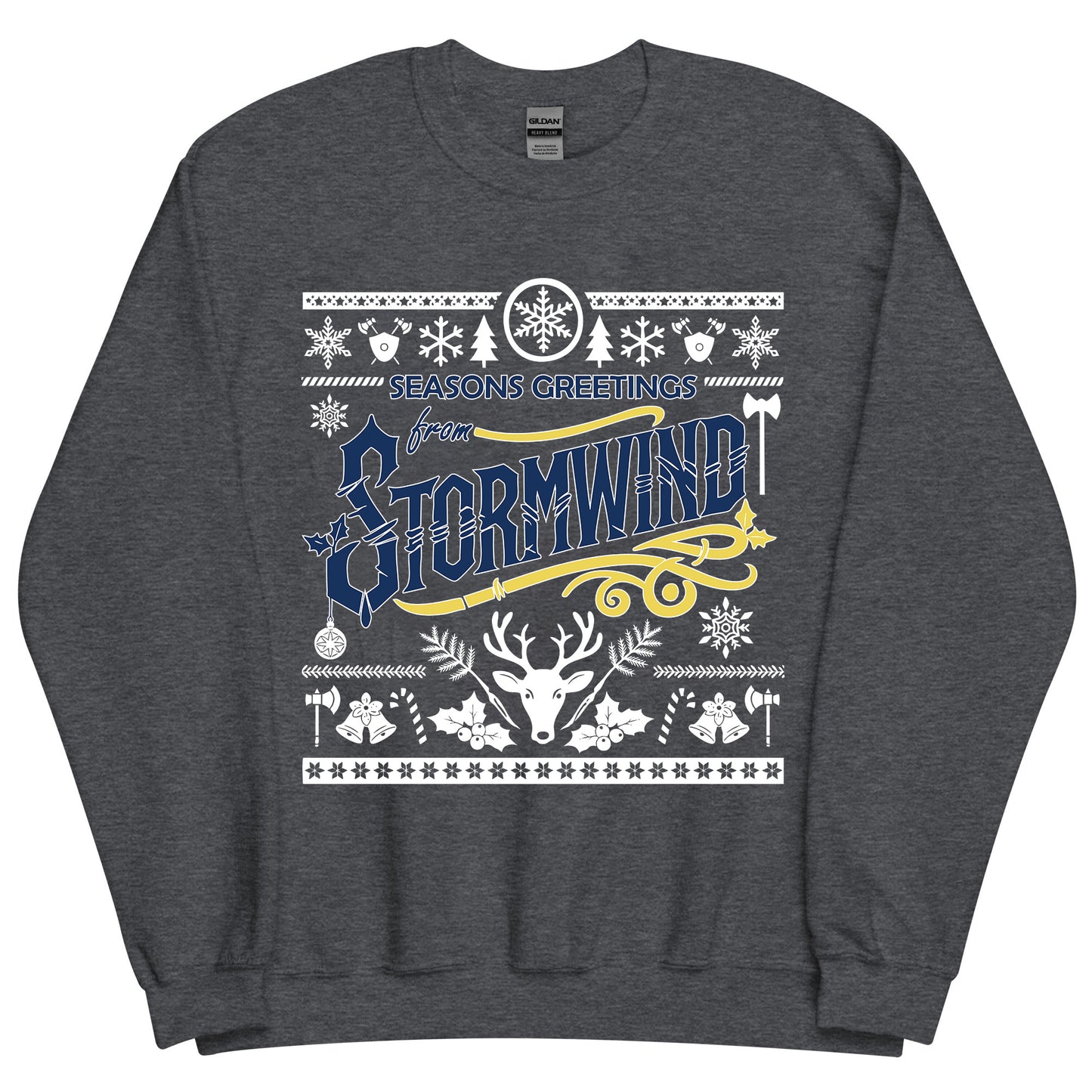 "Seasons Greetings from Stormwind" Alliance Ugly Christmas Sweater, World of Warcraft Gamer Holiday Sweatshirt (Personalize)