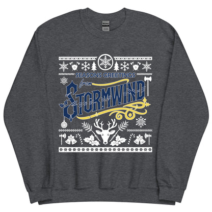 "Seasons Greetings from Stormwind" Alliance Ugly Christmas Sweater, World of Warcraft Gamer Holiday Sweatshirt (Personalize)