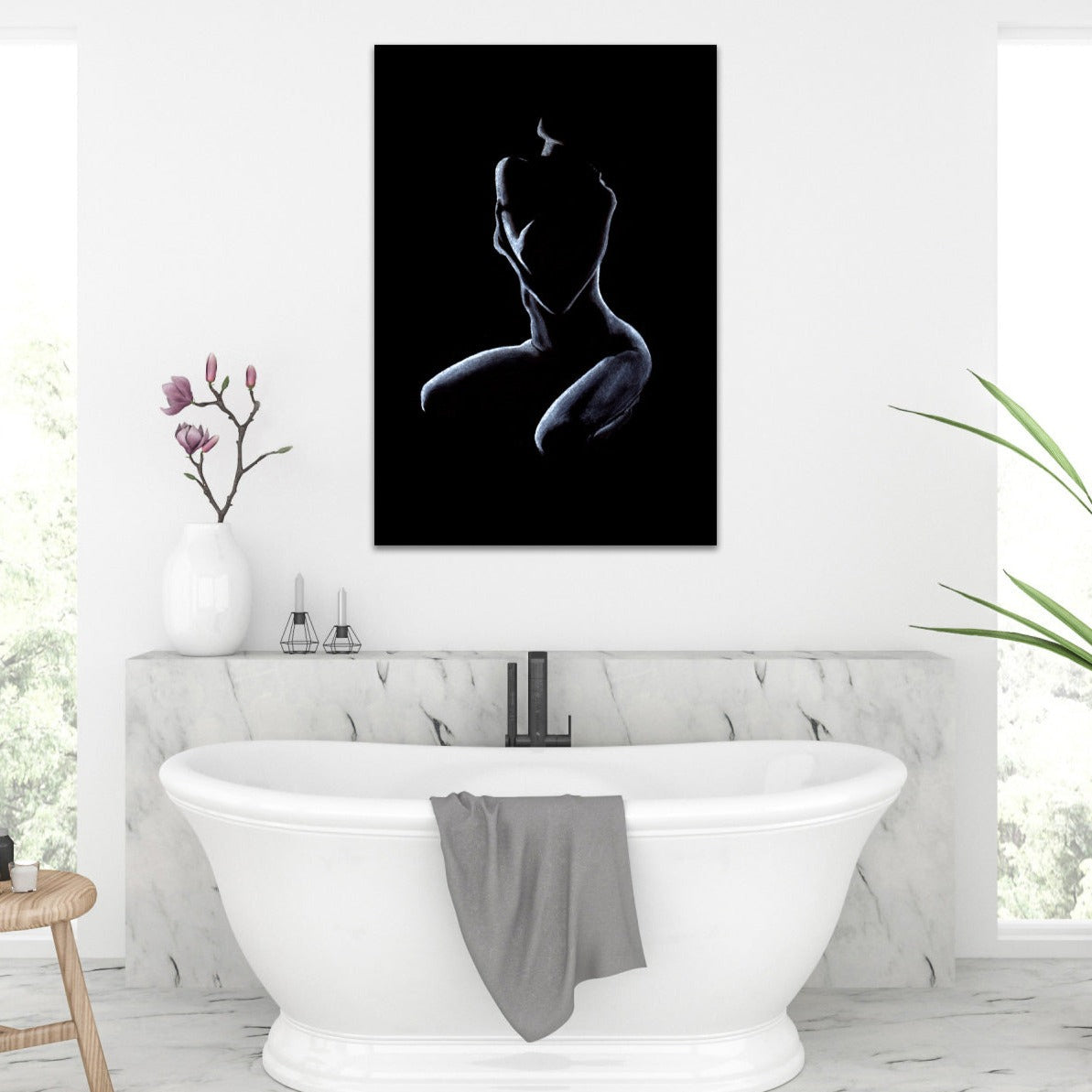 Pastel Figure Hand-drawn Museum-quality Wall Art printed on canvas hangs on wall above standalone bathtub in an elegant bathroom.