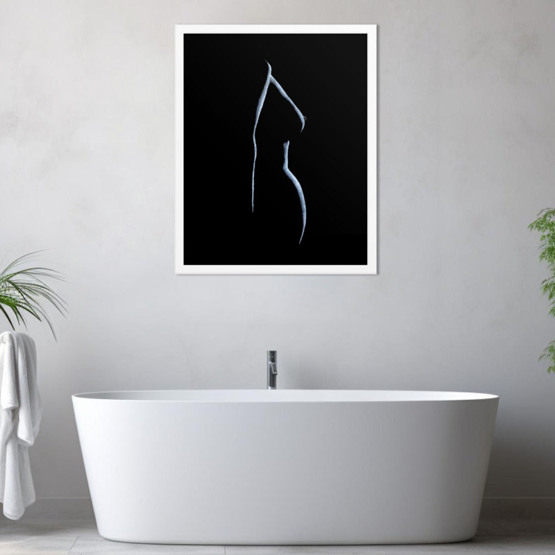 Pastel figure drawing in white frame displayed in bathroom. Available on canvas, poster, and framed options, offered in multiple sizes and frame colors.