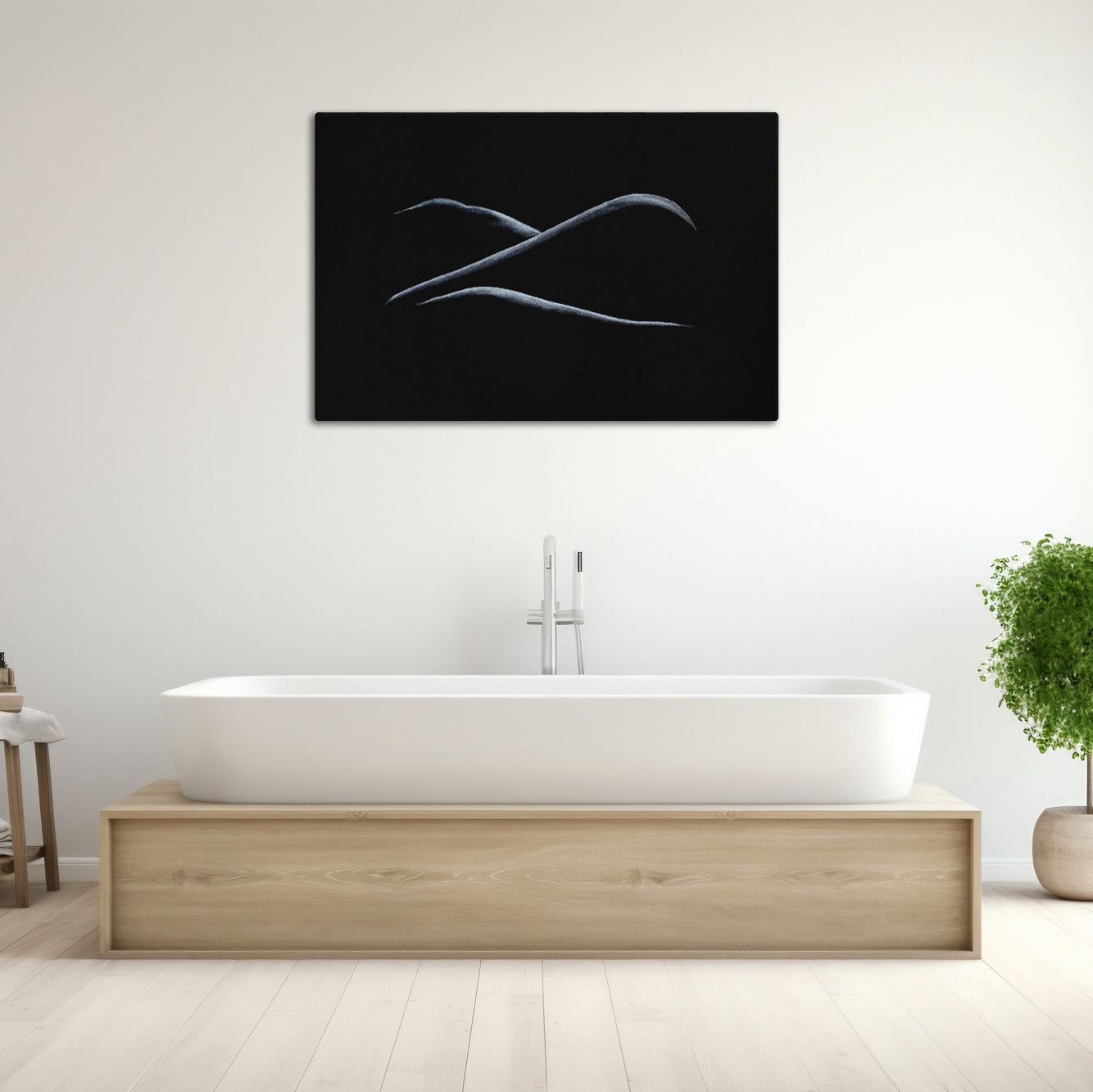 Pastel figure drawing on canvas print displayed in bathroom. Available on canvas, poster, and framed options, offered in multiple sizes and frame colors.