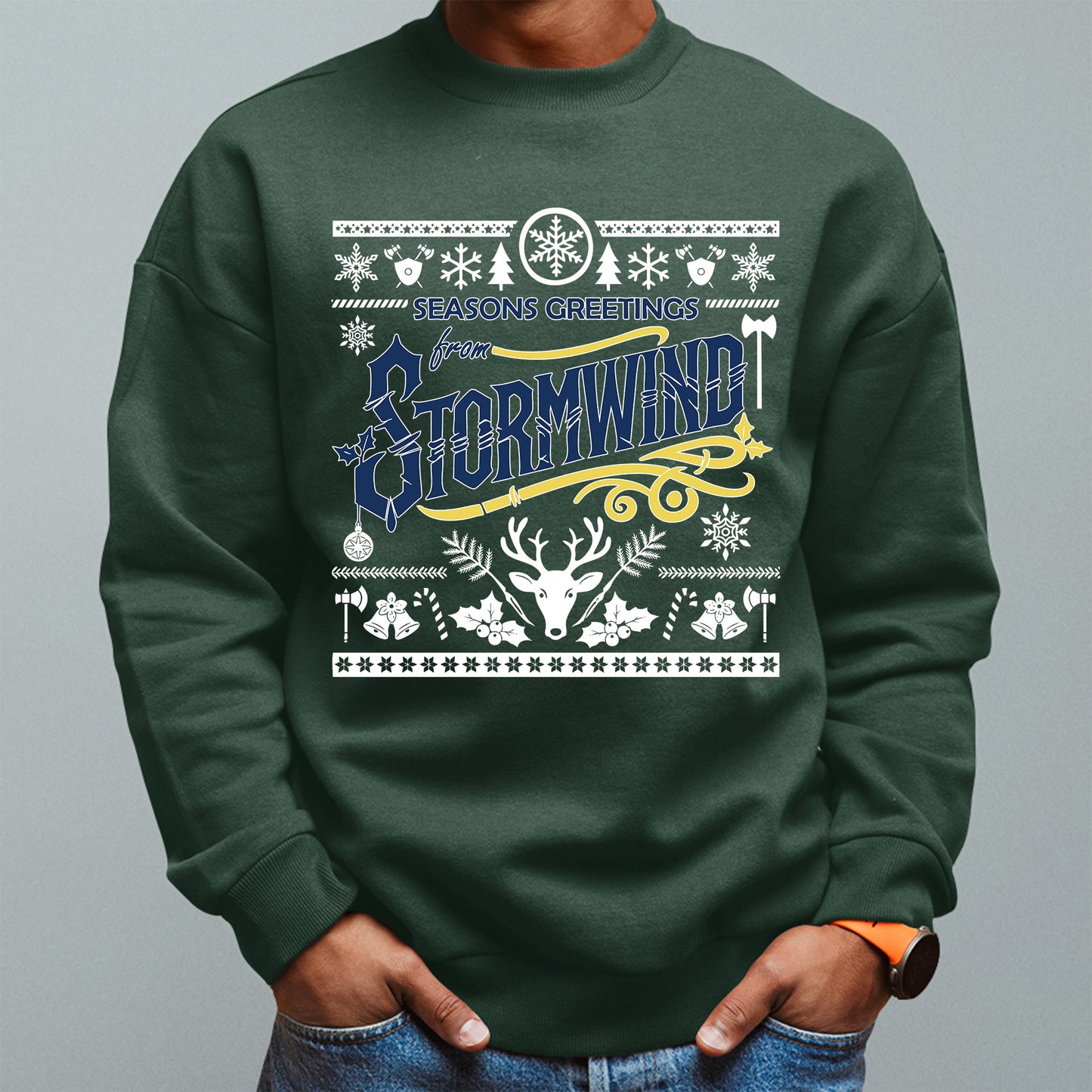 "Seasons Greetings from Stormwind" Alliance Ugly Christmas Sweater, World of Warcraft Gamer Holiday Sweatshirt (Personalize)