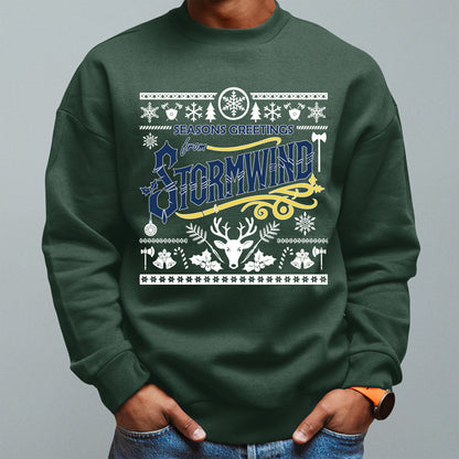 "Seasons Greetings from Stormwind" Alliance Ugly Christmas Sweater, World of Warcraft Gamer Holiday Sweatshirt (Personalize)