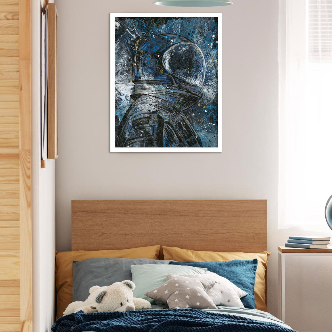 Space Astronaut Acrylic print Beautiful Artwork for Home Decor. Lifestyle reference of white frame painting hanging in child's room.