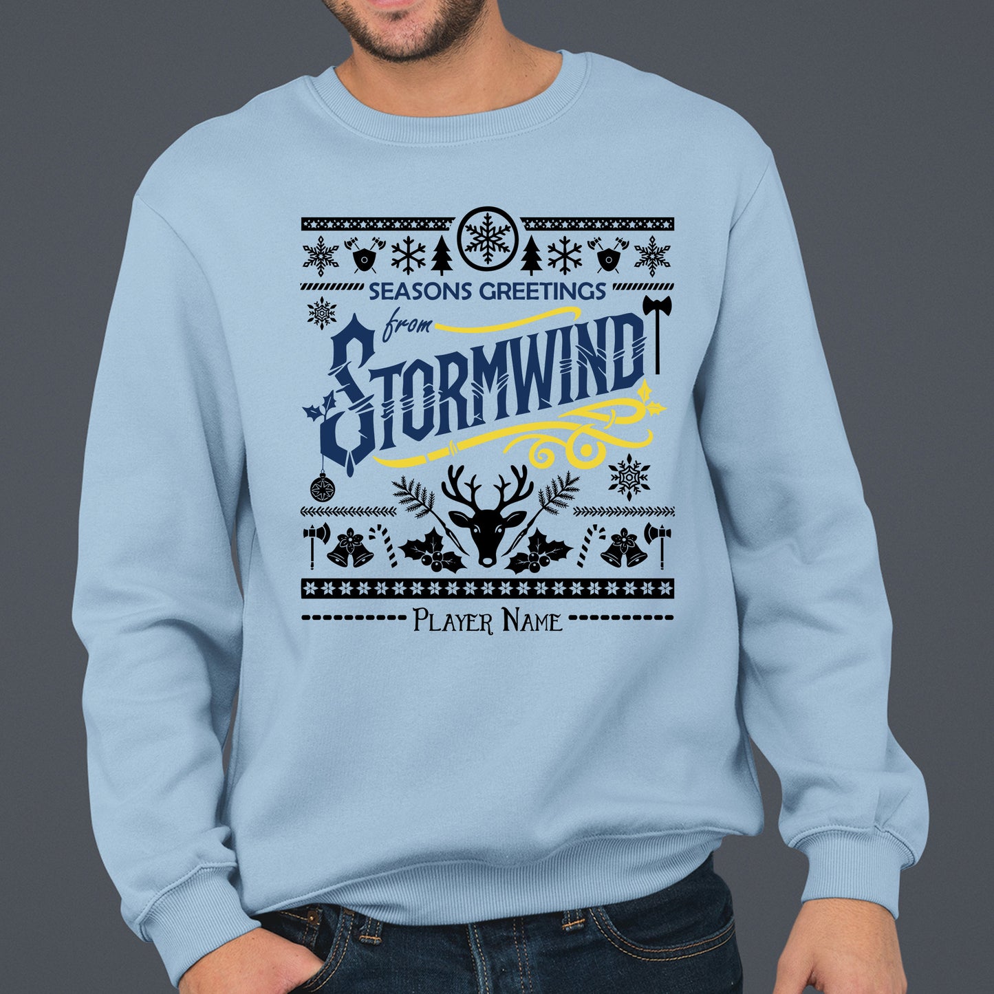 "Seasons Greetings from Stormwind" Alliance Ugly Christmas Sweater, World of Warcraft Gamer Holiday Sweatshirt (Personalize)