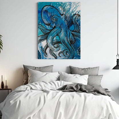 Octopus artwork printed on premium materials, it's available as canvas prints, posters, and framed art in multiple sizes and frame colors. Displayed in the bedroom