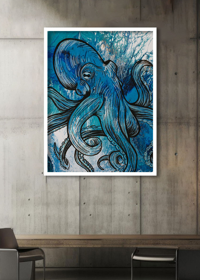 Immerse yourself in the beauty of the ocean with our acrylic octopus painting. White framed artwork for commercial office.