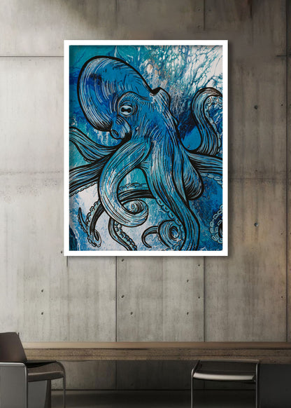 Immerse yourself in the beauty of the ocean with our acrylic octopus painting. White framed artwork for commercial office.