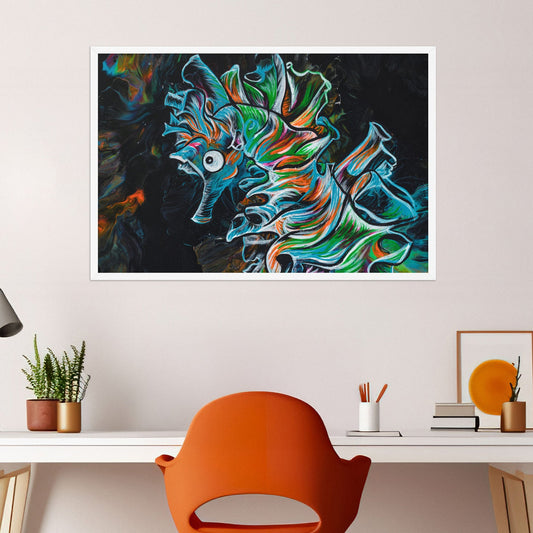 Modern office setup with a colorful abstract painting on the wall, orange chair, and desk.