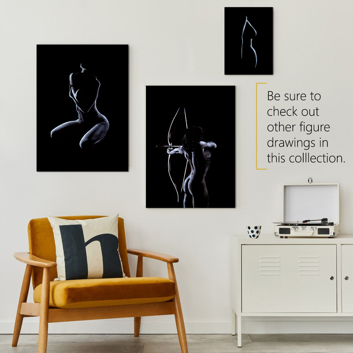 Three different artworks of Pastel Figure Hand-drawn Museum-quality Wall Art displayed in various canvas sizes in an retro seating area. Check out the other artwork from our collection.