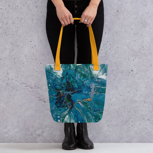 This versatile and comfortable yellow handle tote bag features dual handles made from 100% natural cotton bull denim for easy carrying.