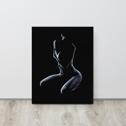 Graceful pastel figure drawing reference photo of a canvas print sitting on the floor against a white wall. Canvas size is 16x20.