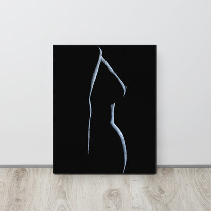 Graceful pastel figure drawing reference photo of a canvas print sitting on the floor against a white wall. Canvas size is 16x20.