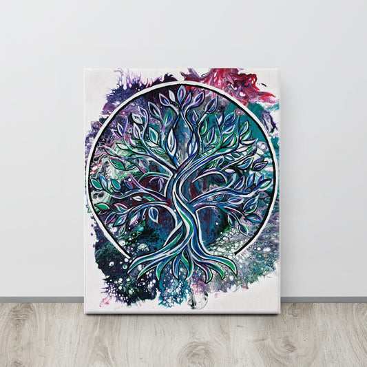 Colorful abstract tree of life painting on a white wall.