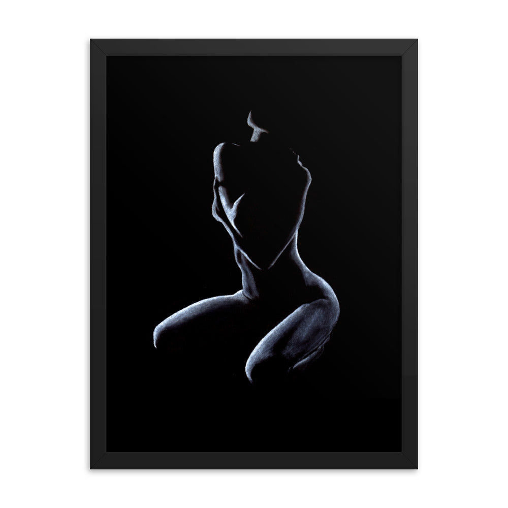 Graceful pastel figure drawing reference photo of a black framed poster print sitting on the floor against a white wall. Black frame artwork size is 18x24.