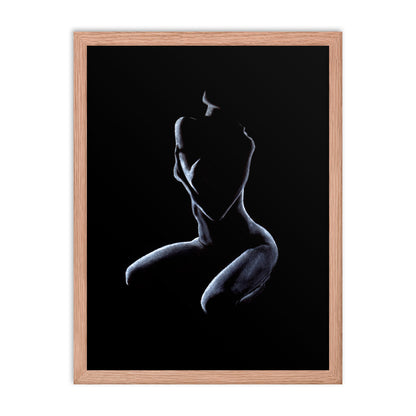 Graceful pastel figure drawing reference photo of a oak framed poster print sitting on the floor against a white wall. Canvas size is 18x24.