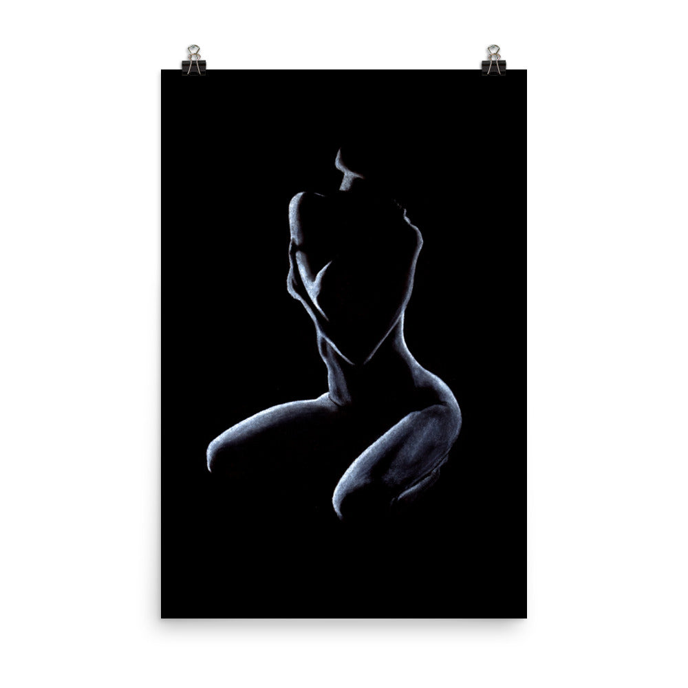 Graceful pastel figure drawing reference photo of a poster print hanging on a white wall, held up by two clip pins. Poster print size is 24x36.