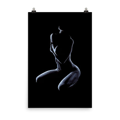 Graceful pastel figure drawing reference photo of a poster print hanging on a white wall, held up by two clip pins. Poster print size is 24x36.