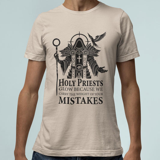 World of Warcraft Holy Priest shirt, perfect for casters like mages, warlocks, and priests, offering stylish WoW gaming apparel.