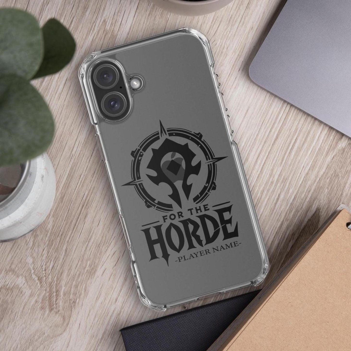 Personalized World of Warcraft iPhone 16 case, custom design for Horde and Alliance, perfect WoW gamer phone case with your name.