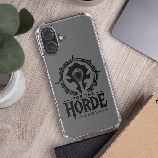 Personalized World of Warcraft iPhone 16 case, custom design for Horde and Alliance, perfect WoW gamer phone case with your name.
