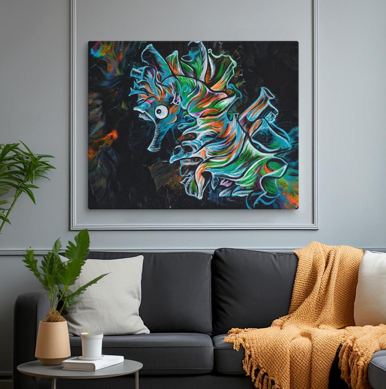 Seahorse Acrylic Painting Coastal Ocean Animal Wall Art for Beach House Decor